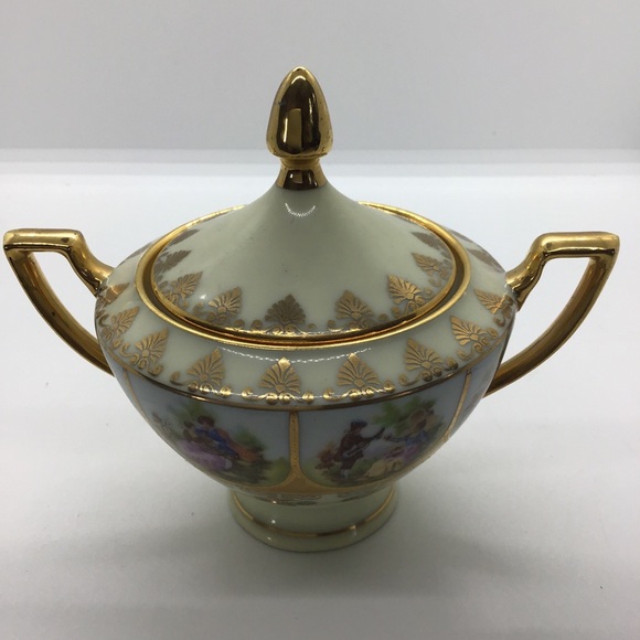 Covered Sugar And Creamer NC West Germany Hand Painted Love Story Courting Scene - Picture 11 of 11